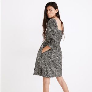 Lucie Elbow-Sleeve Smocked Mini Dress in Parisian Ditsy, size M